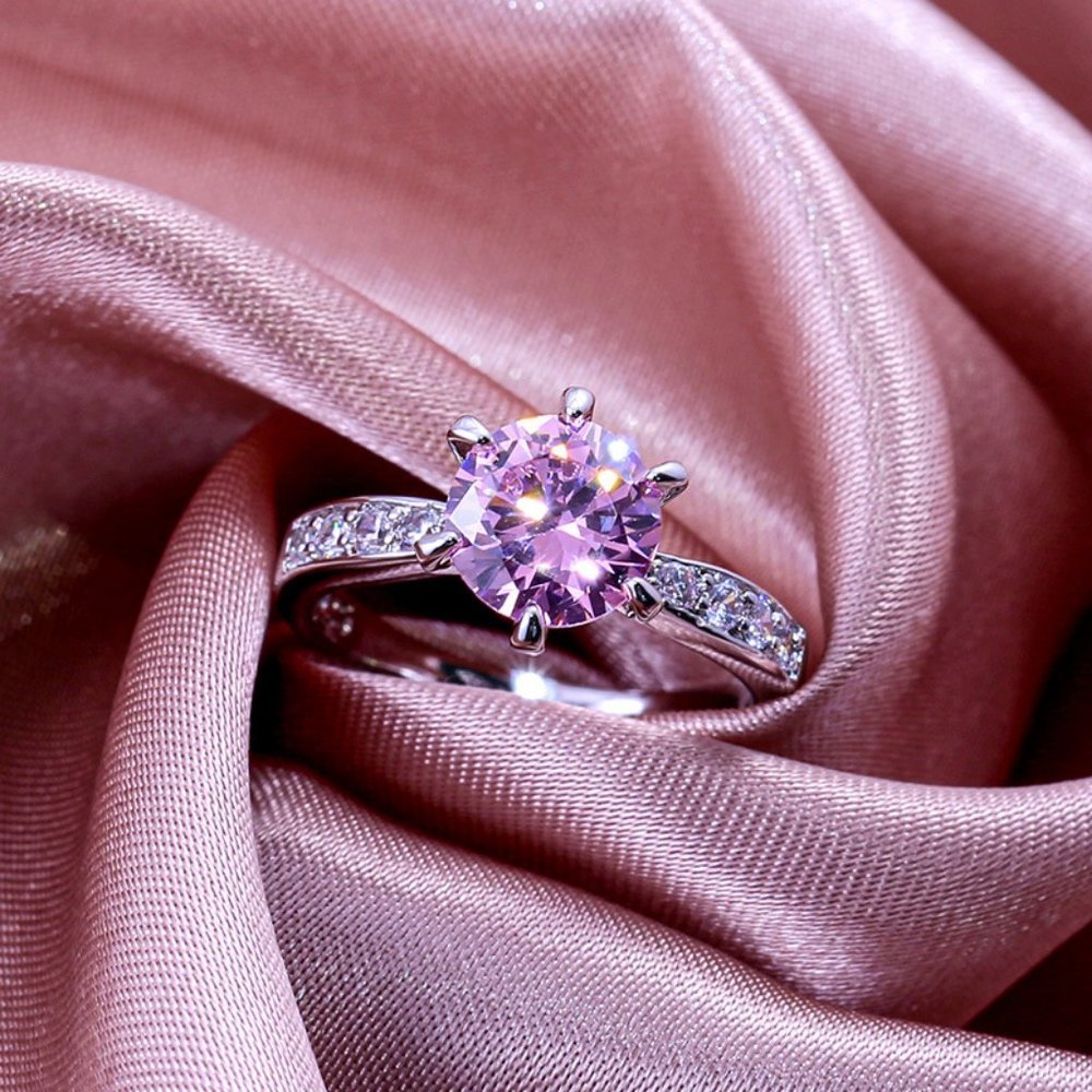 925 Silver Solitaire Pink Sapphire Diamond Ring